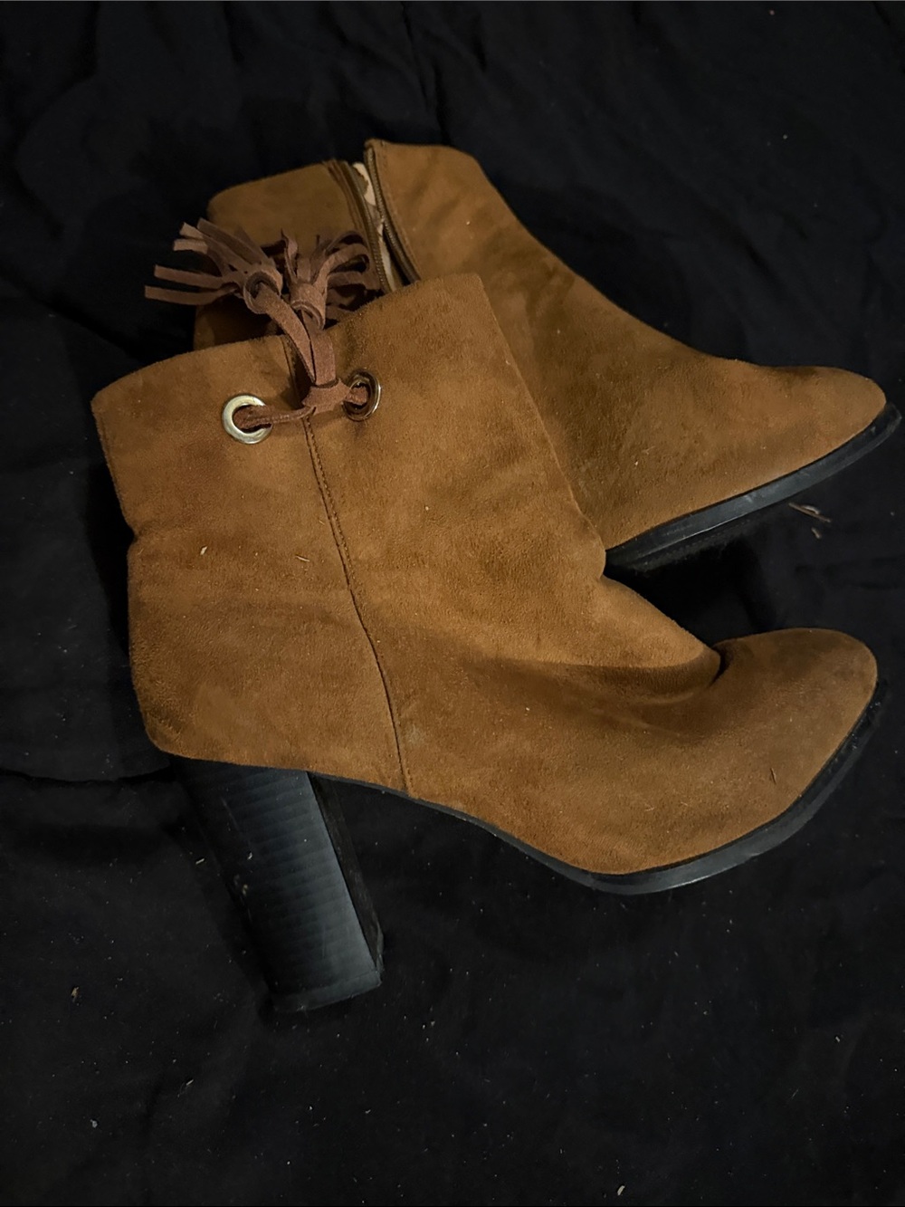 Hot Kiss Tan Suede Ankle Boots with Tassel Accent